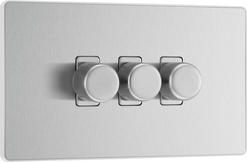 BG Evolve PCDBS83W 2-Way Trailing Edge LED 200W Triple Dimmer Switch Push On/Off - Brushed Steel (White) - westbasedirect.com