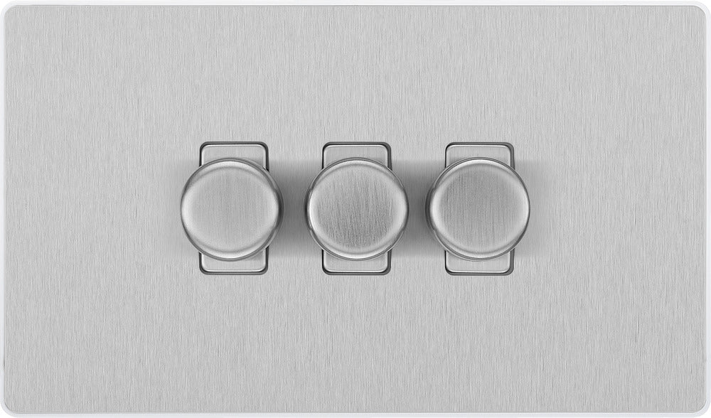 BG Evolve PCDBS83W 2-Way Trailing Edge LED 200W Triple Dimmer Switch Push On/Off - Brushed Steel (White) - westbasedirect.com