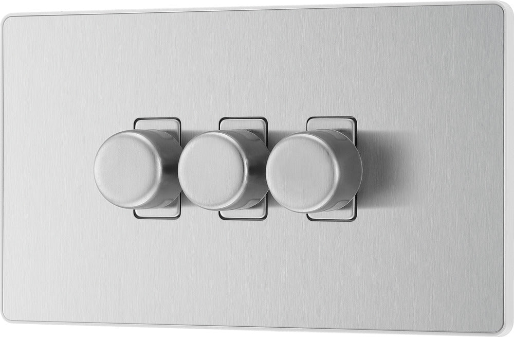 BG Evolve PCDBS83W 2-Way Trailing Edge LED 200W Triple Dimmer Switch Push On/Off - Brushed Steel (White) - westbasedirect.com