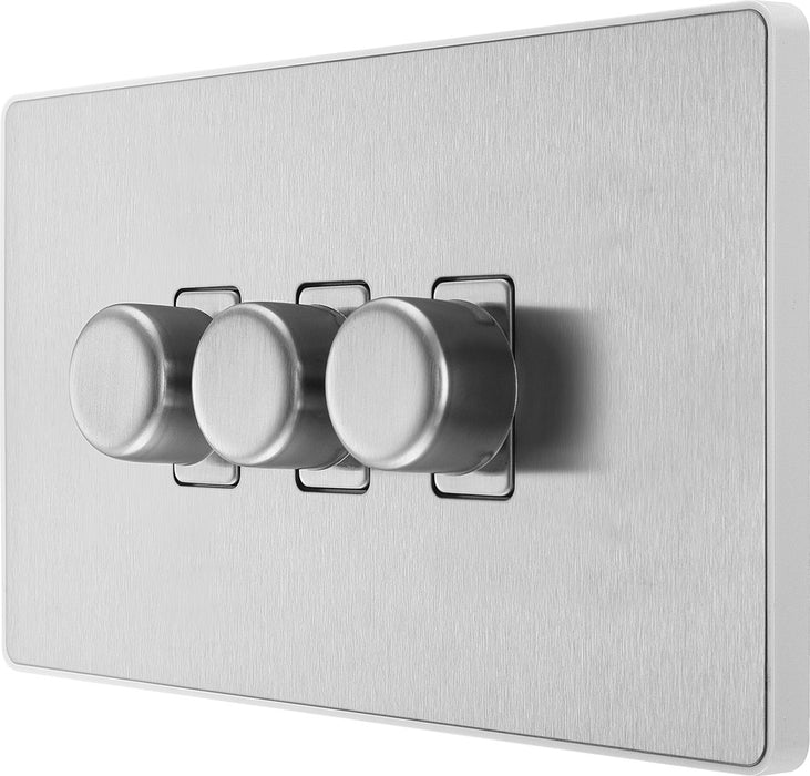 BG Evolve PCDBS83W 2-Way Trailing Edge LED 200W Triple Dimmer Switch Push On/Off - Brushed Steel (White) - westbasedirect.com