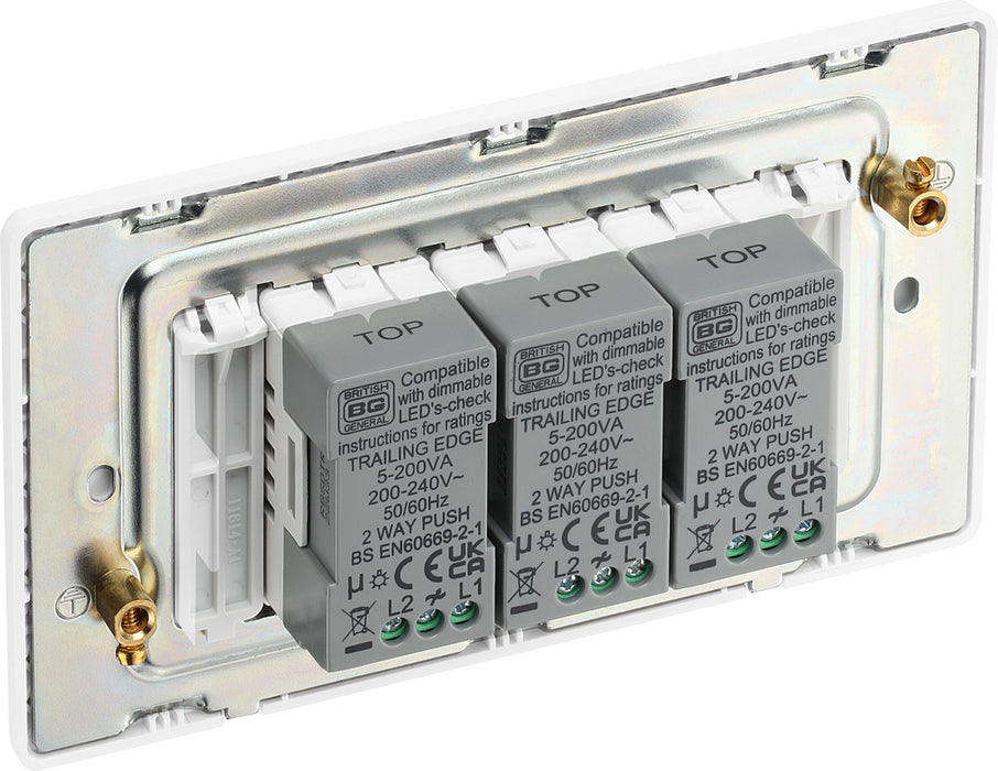 BG Evolve PCDBS83W 2-Way Trailing Edge LED 200W Triple Dimmer Switch Push On/Off - Brushed Steel (White) - westbasedirect.com
