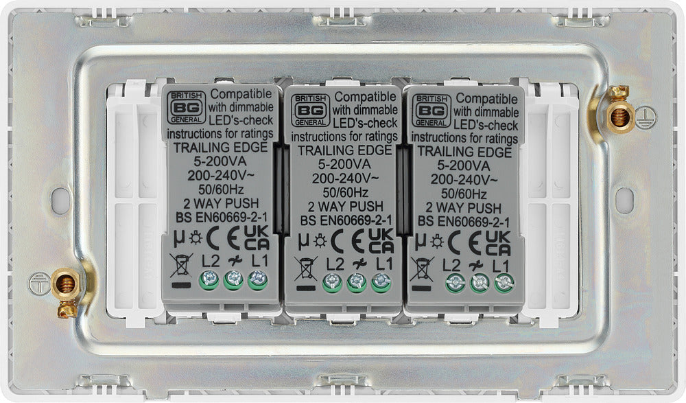 BG Evolve PCDBS83W 2-Way Trailing Edge LED 200W Triple Dimmer Switch Push On/Off - Brushed Steel (White) - westbasedirect.com