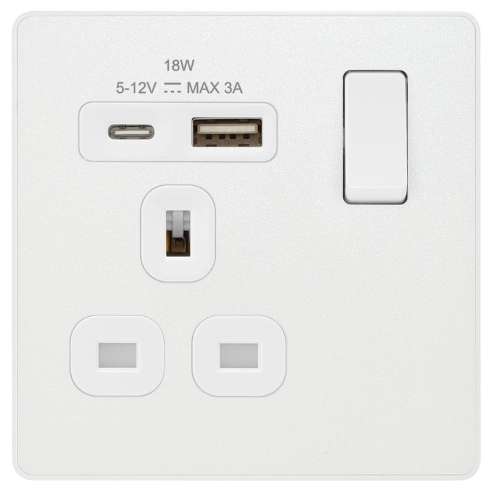 BG Evolve PCDCL21UAC18W 13A Single Switched Power Socket + USB A+C (18W) - Pearlescent White (White) - westbasedirect.com