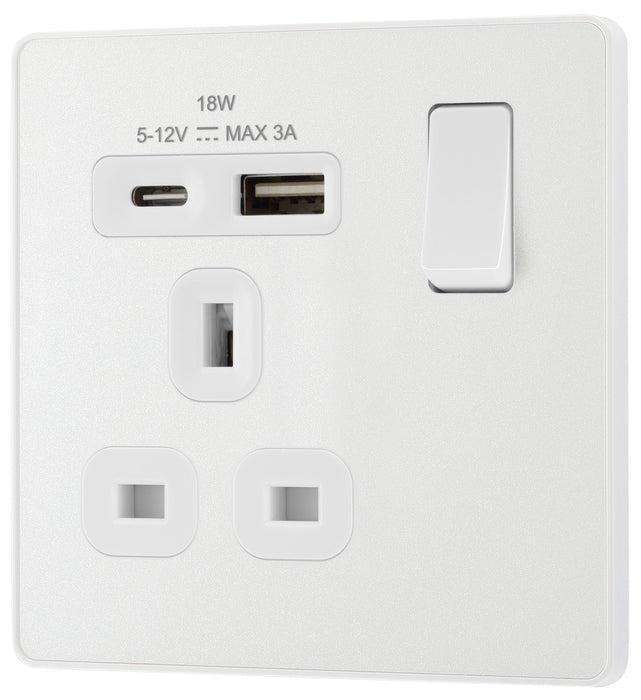 BG Evolve PCDCL21UAC18W 13A Single Switched Power Socket + USB A+C (18W) - Pearlescent White (White) - westbasedirect.com