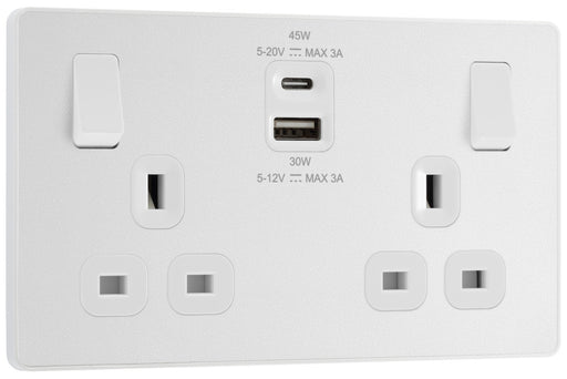 BG Evolve PCDCL22UAC45W 13A Double Switched Power Socket + USB A+C (45W) - Pearlescent White (White) - westbasedirect.com