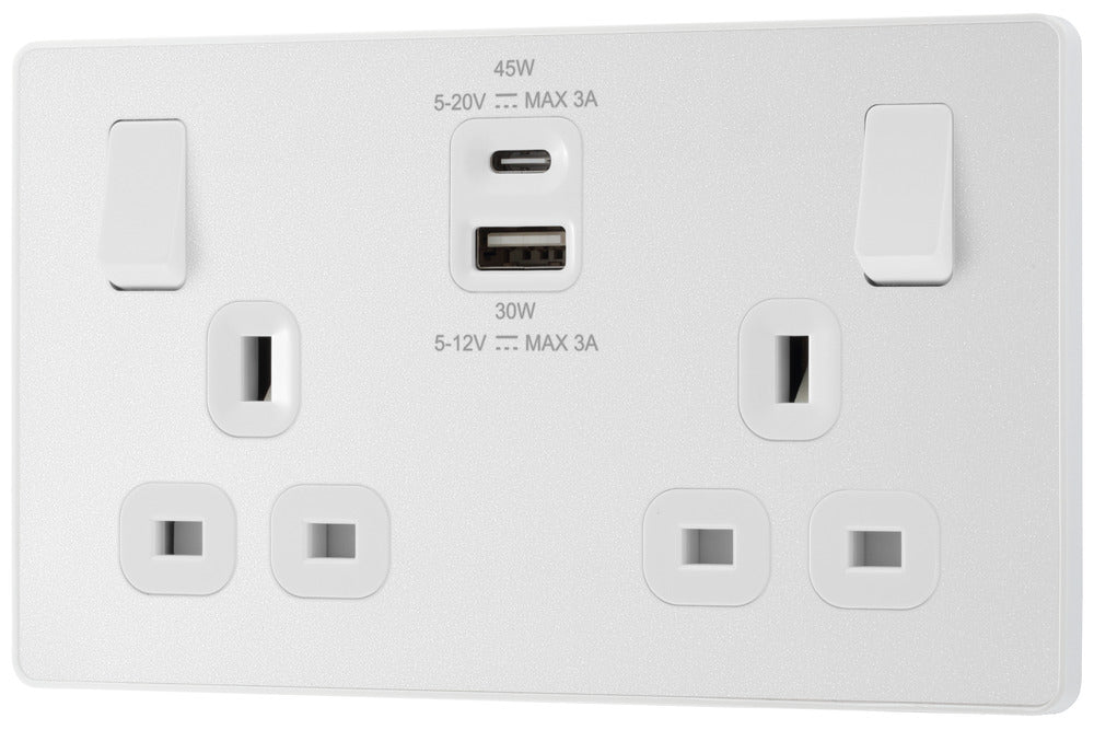 BG Evolve PCDCL22UAC45W 13A Double Switched Power Socket + USB A+C (45W) - Pearlescent White (White) - westbasedirect.com