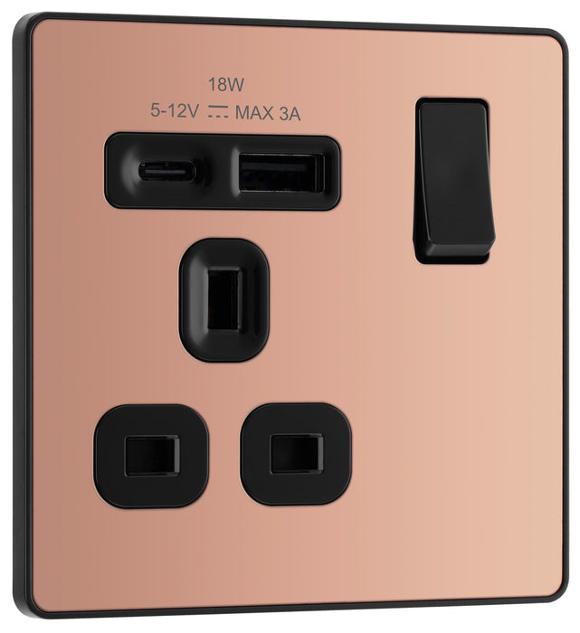 BG Evolve PCDCP21UAC18B 13A Single Switched Power Socket + USB A+C (18W) - Polished Copper (Black) - westbasedirect.com