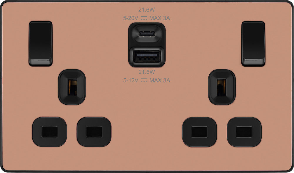BG Evolve PCDCP22UAC22B 13A Double Switched Power Socket + USB A+C (22W) - Polished Copper (Black) - westbasedirect.com