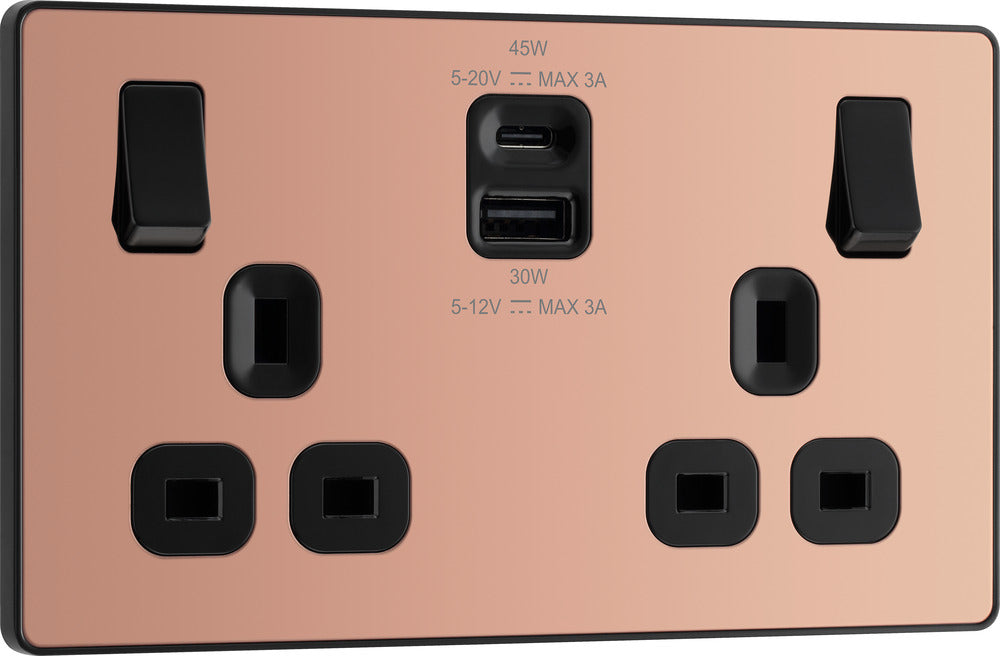 BG Evolve PCDCP22UAC45B 13A Double Switched Power Socket + USB A+C (45W) - Polished Copper (Black) - westbasedirect.com