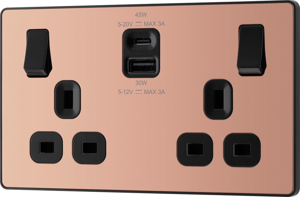 BG Evolve PCDCP22UAC45B 13A Double Switched Power Socket + USB A+C (45W) - Polished Copper (Black) - westbasedirect.com