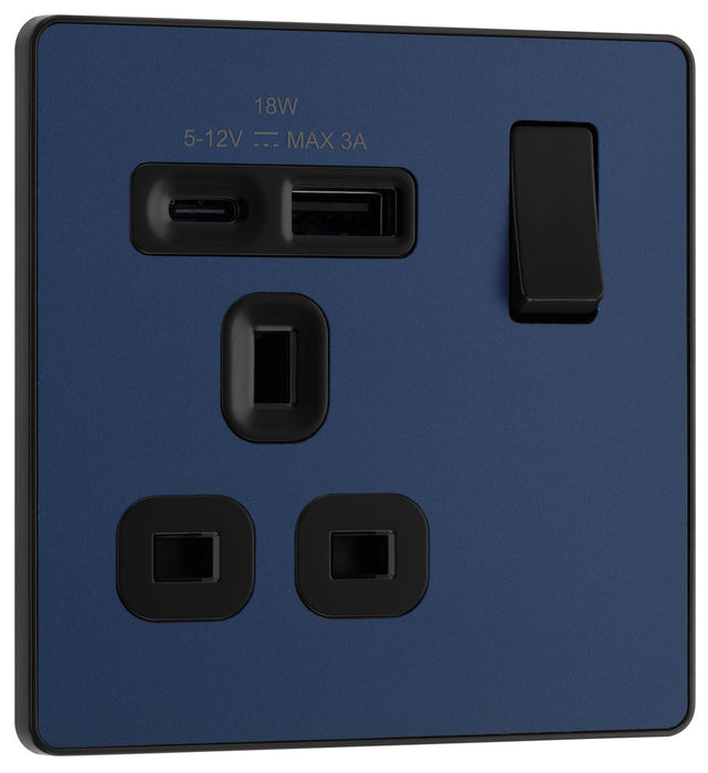 BG Evolve PCDDB21UAC18B 13A Single Switched Power Socket + USB A+C (18W) - Matt Blue (Black) - westbasedirect.com