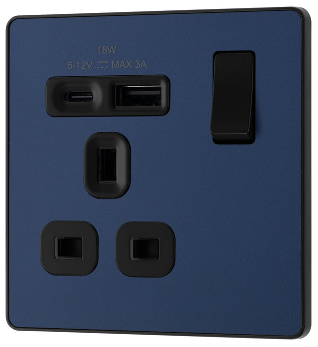 BG Evolve PCDDB21UAC18B 13A Single Switched Power Socket + USB A+C (18W) - Matt Blue (Black) - westbasedirect.com
