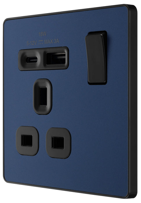 BG Evolve PCDDB21UAC18B 13A Single Switched Power Socket + USB A+C (18W) - Matt Blue (Black) - westbasedirect.com