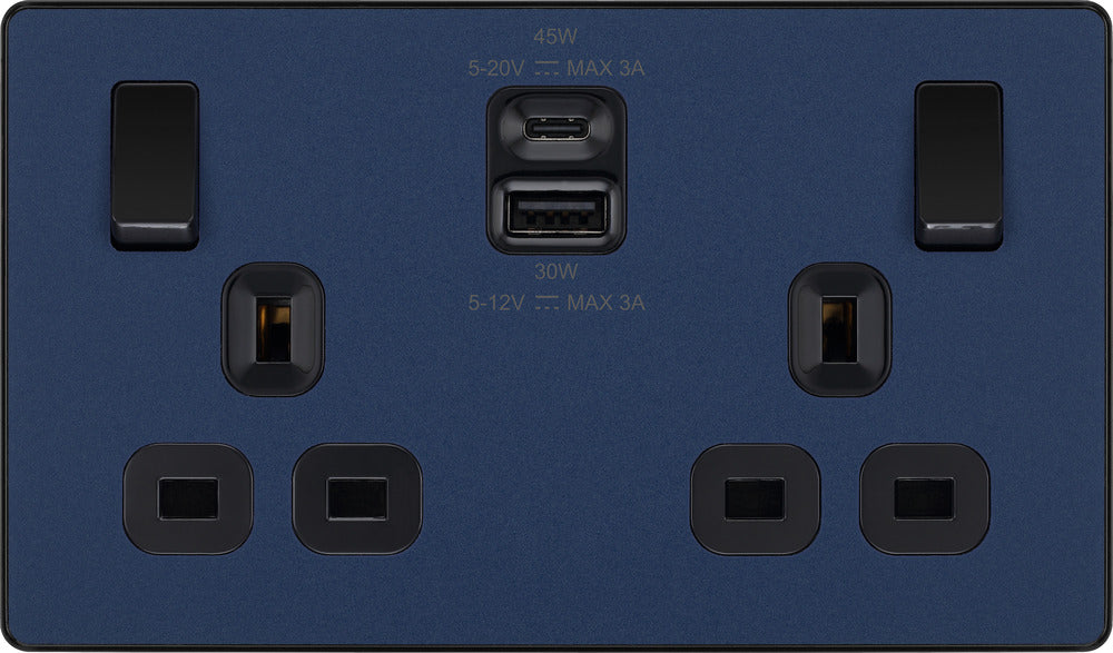BG Evolve PCDDB22UAC45B 13A Double Switched Power Socket + USB A+C (45W) - Matt Blue (Black) - westbasedirect.com