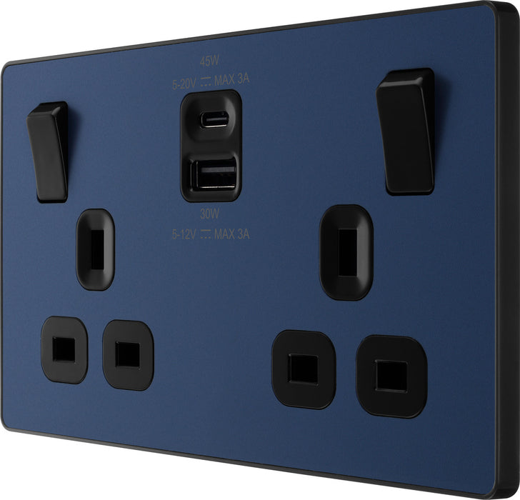 BG Evolve PCDDB22UAC45B 13A Double Switched Power Socket + USB A+C (45W) - Matt Blue (Black) - westbasedirect.com