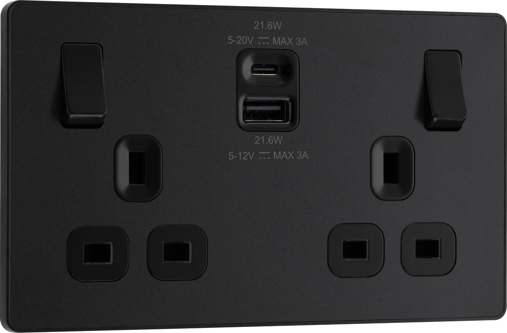 BG Evolve PCDMB22UAC22B 13A Double Switched Power Socket + USB A+C (22W) - Matt Black (Black) - westbasedirect.com