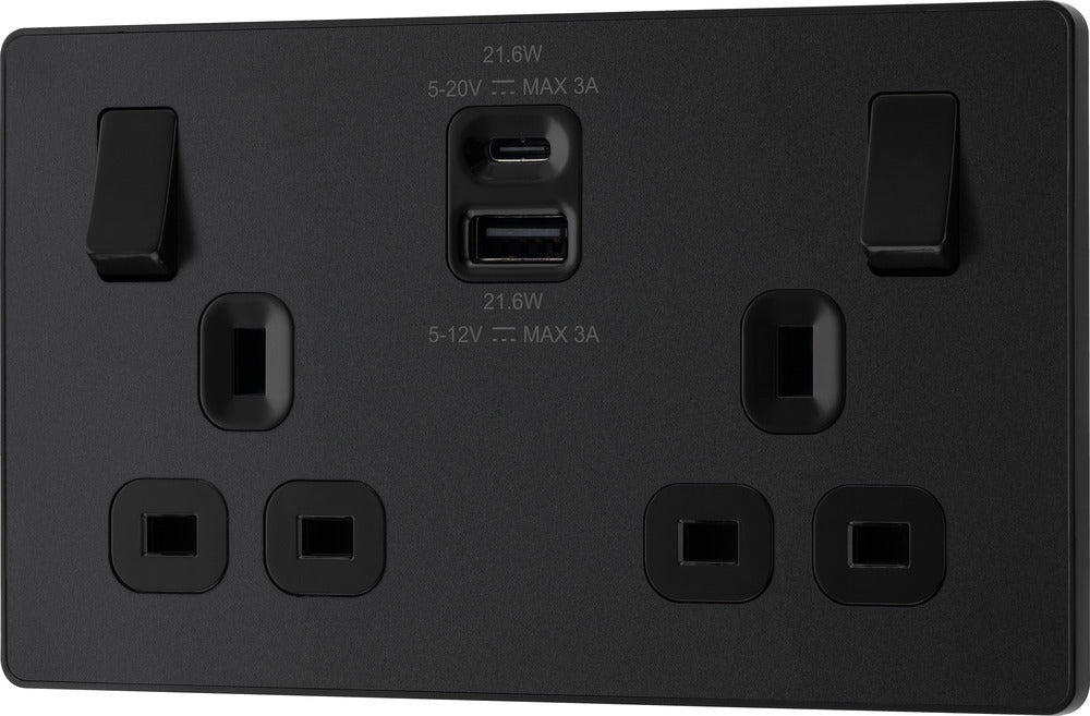 BG Evolve PCDMB22UAC22B 13A Double Switched Power Socket + USB A+C (22W) - Matt Black (Black) - westbasedirect.com