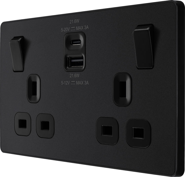 BG Evolve PCDMB22UAC22B 13A Double Switched Power Socket + USB A+C (22W) - Matt Black (Black) - westbasedirect.com