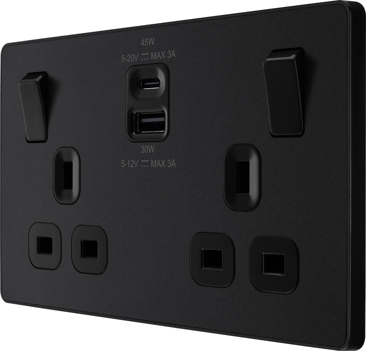 BG Evolve PCDMB22UAC45B 13A Double Switched Power Socket + USB A+C (45W) - Matt Black (Black) - westbasedirect.com