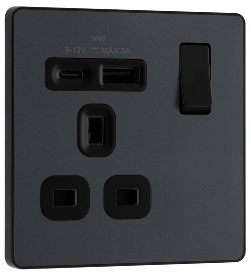 BG Evolve PCDMG21UAC18B 13A Single Switched Power Socket + USB A+C (18W) - Matt Grey (Black) - westbasedirect.com
