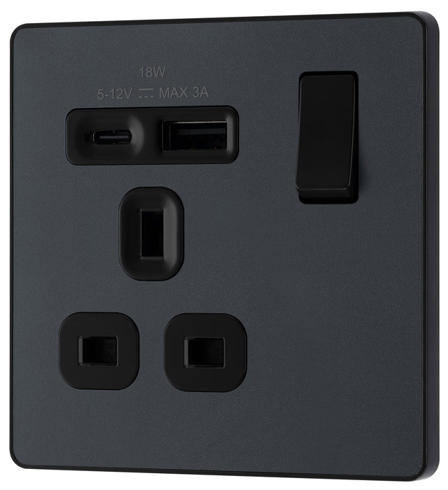 BG Evolve PCDMG21UAC18B 13A Single Switched Power Socket + USB A+C (18W) - Matt Grey (Black) - westbasedirect.com