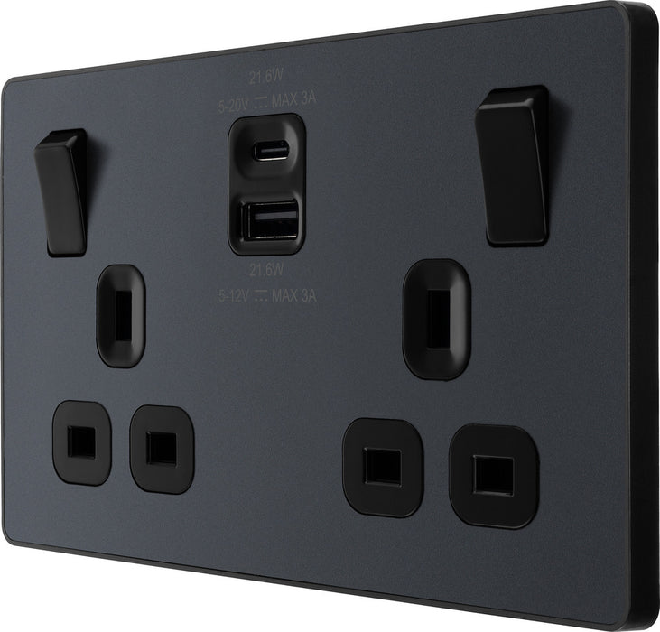 BG Evolve PCDMG22UAC22B 13A Double Switched Power Socket + USB A+C (22W) - Matt Grey (Black) - westbasedirect.com