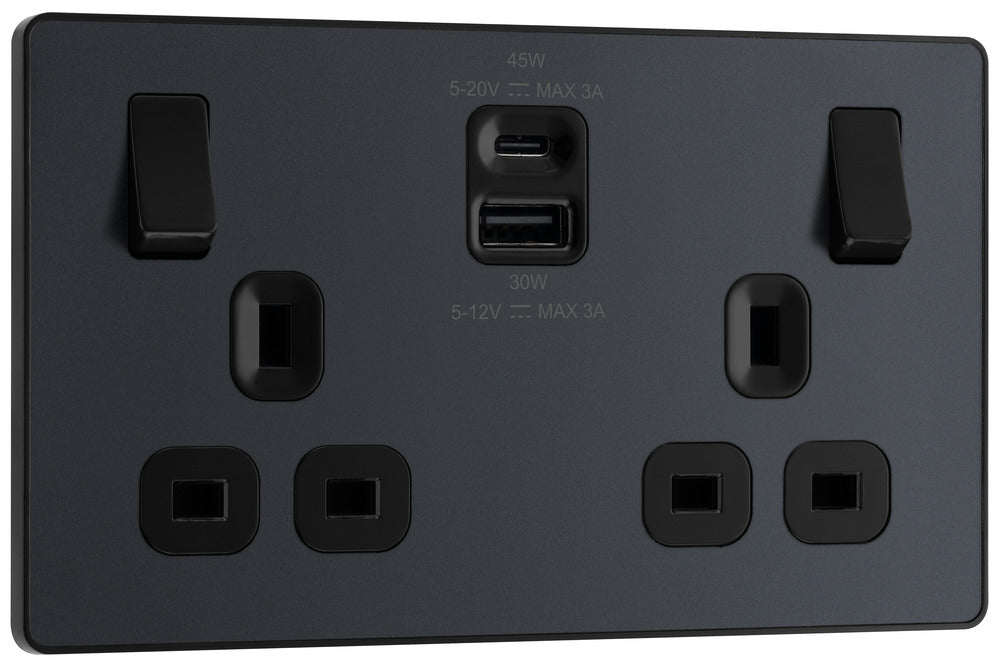 BG Evolve PCDMG22UAC45B 13A Double Switched Power Socket + USB A+C (45W) - Matt Grey (Black) - westbasedirect.com
