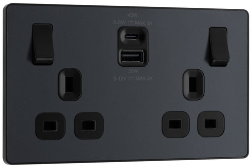 BG Evolve PCDMG22UAC45B 13A Double Switched Power Socket + USB A+C (45W) - Matt Grey (Black) - westbasedirect.com