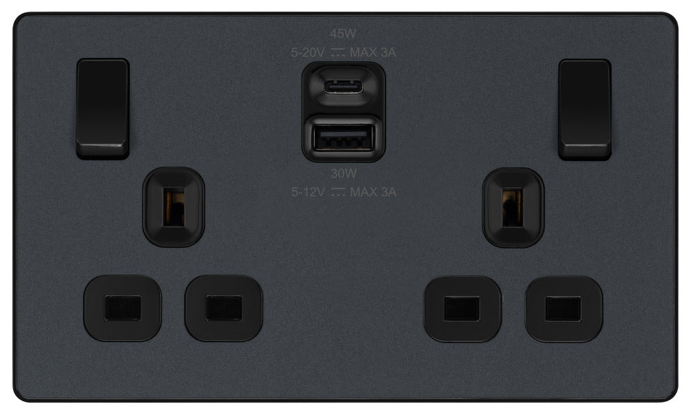 BG Evolve PCDMG22UAC45B 13A Double Switched Power Socket + USB A+C (45W) - Matt Grey (Black) - westbasedirect.com
