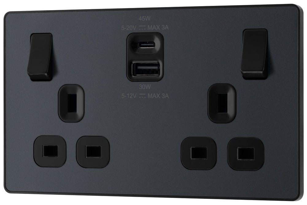 BG Evolve PCDMG22UAC45B 13A Double Switched Power Socket + USB A+C (45W) - Matt Grey (Black) - westbasedirect.com