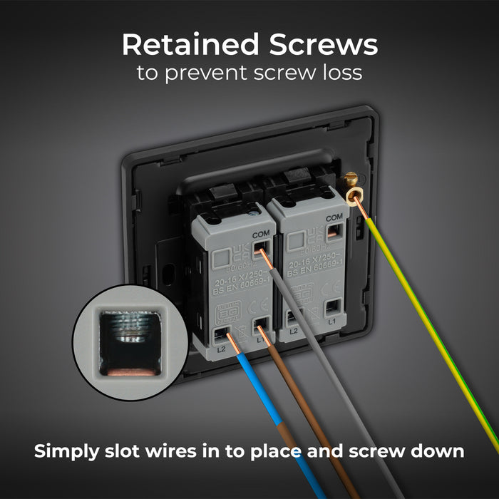 BG Evolve PCDMG42EB 20A 16AX 2 Way Double Light Switch, Edge to Edge Rocker - Matt Grey (Black) - westbasedirect.com