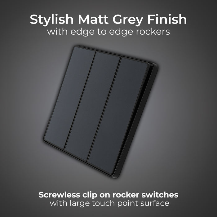 BG Evolve PCDMG43EB 20A 16AX 2 Way Triple Light Switch, Edge to Edge Rocker - Matt Grey (Black) - westbasedirect.com