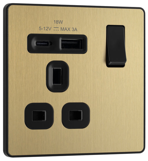 BG Evolve PCDSB21UAC18B 13A Single Switched Power Socket + USB A+C (18W) - Satin Brass (Black) - westbasedirect.com