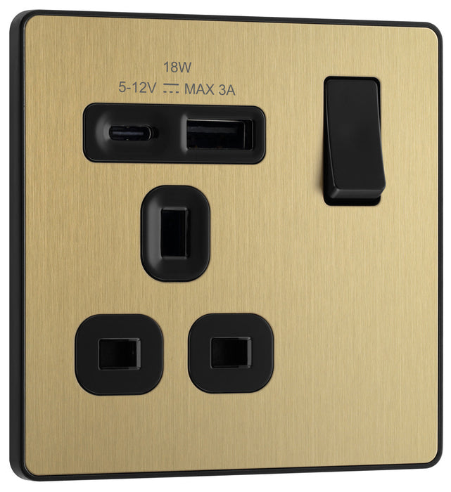 BG Evolve PCDSB21UAC18B 13A Single Switched Power Socket + USB A+C (18W) - Satin Brass (Black) - westbasedirect.com
