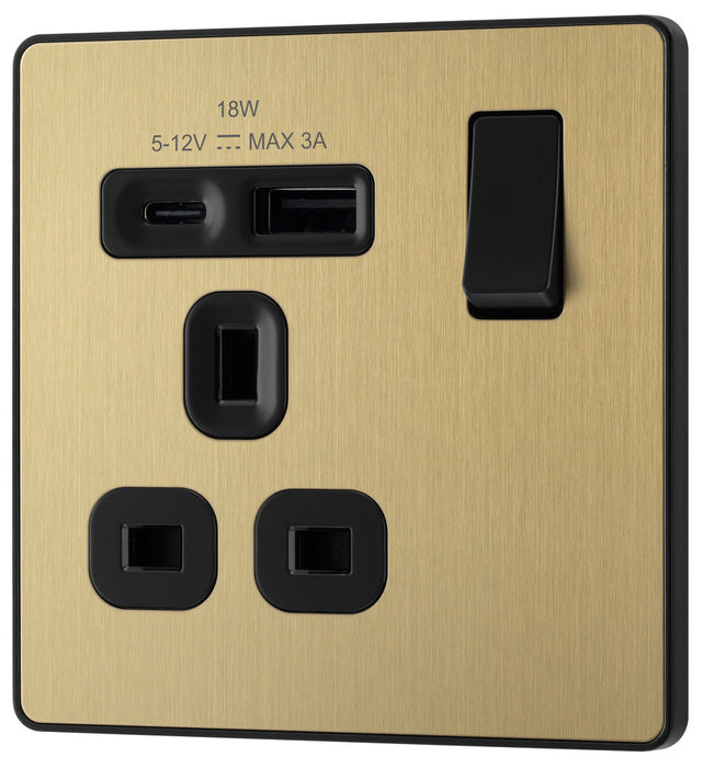 BG Evolve PCDSB21UAC18B 13A Single Switched Power Socket + USB A+C (18W) - Satin Brass (Black) - westbasedirect.com