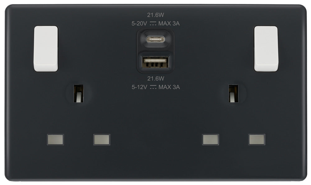 BG Part M PM22UAC22 13A Double Switched Power Socket + USB A+C (22W) - westbasedirect.com