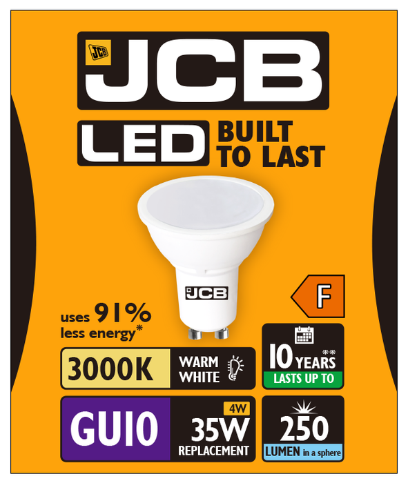 JCB S10961 GU10 Spot LED Bulb 4W 250lm Warm White 3000K (12 Pack) - westbasedirect.com