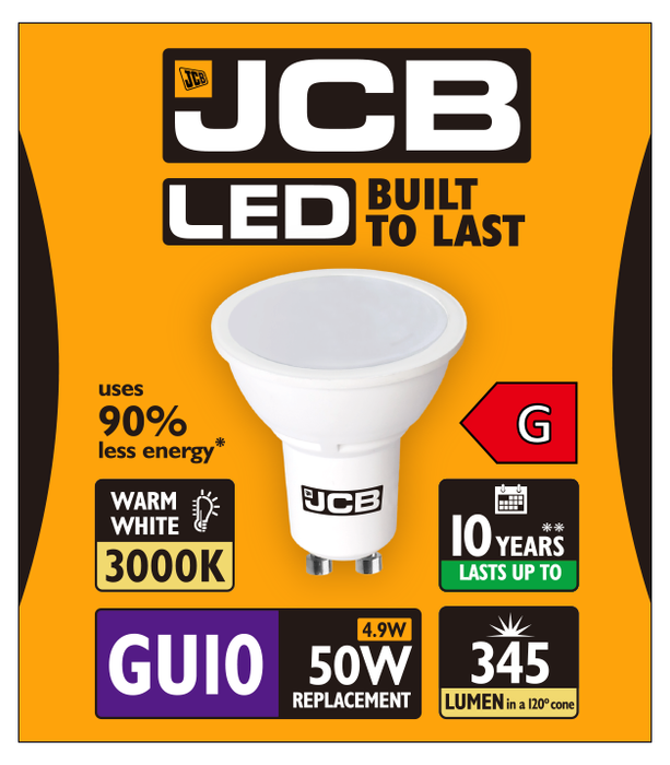 JCB S10963 GU10 Spot LED Bulb 4.9W 345lm Warm White 3000K (12 Pack) - westbasedirect.com