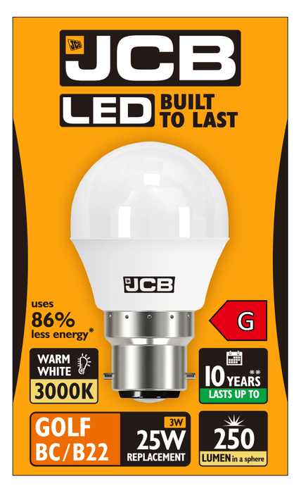JCB S10967 B22 BC Golf LED Bulb Opal 3W 250lm Warm White 3000K (12 Pack) - westbasedirect.com