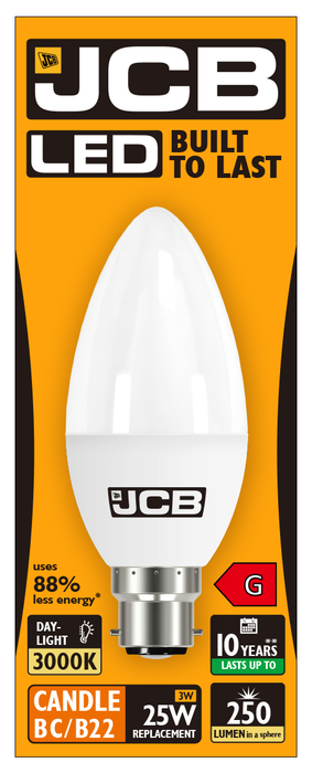 JCB S10976 B22 BC Candle LED Bulb Opal 3W 250lm Warm White 3000K (12 Pack) - westbasedirect.com