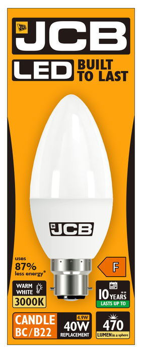 JCB S10978 B22 BC Candle LED Bulb Opal 4.9W 470lm Warm White 3000K - westbasedirect.com
