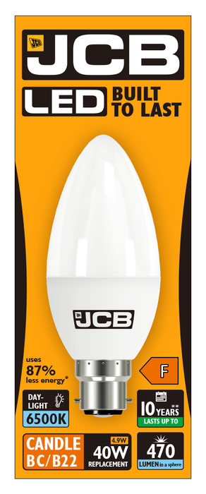 JCB S10979 B22 BC Candle LED Bulb Opal 4.9W 470lm Daylight 6500K - westbasedirect.com