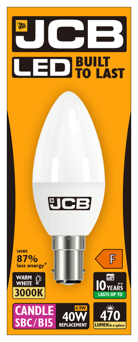 JCB S10980 B15 SBS Candle LED Bulb Opal 4.9W 470lm Warm White 3000K - westbasedirect.com