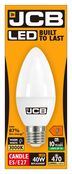 JCB S10983 E27 ES Candle LED Bulb Opal 4.9W 470lm Warm White 3000K (12 Pack) - westbasedirect.com