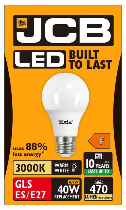 JCB S10986 E27 ES GLS LED Bulb Opal 4.9W 470lm Warm White 3000K - westbasedirect.com