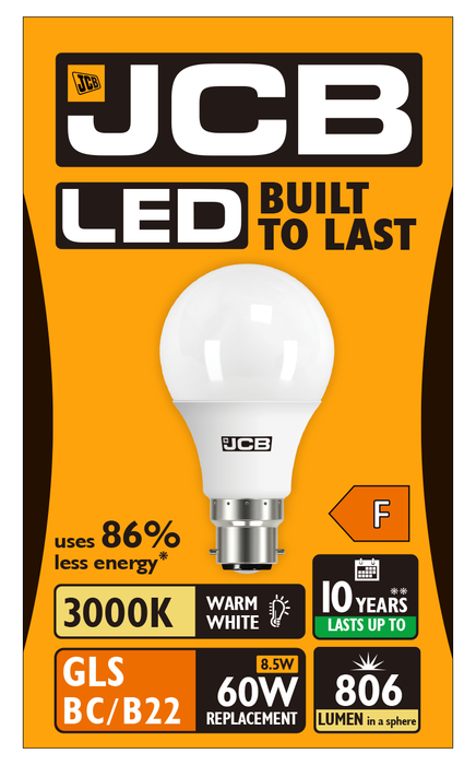 JCB S10989 B22 BC GLS LED Bulb Opal 8.5W 806lm Warm White 3000K - westbasedirect.com