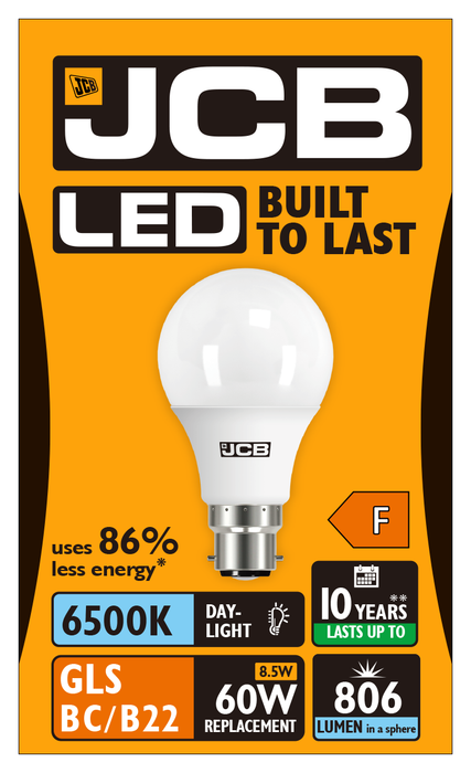 JCB S10991 B22 BC GLS LED Bulb Opal 8.5W 806lm Daylight 6500K (12 Pack) - westbasedirect.com