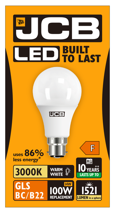 JCB S10995 B22 BC GLS LED Bulb Opal 14W 1521lm Warm White 3000K - westbasedirect.com
