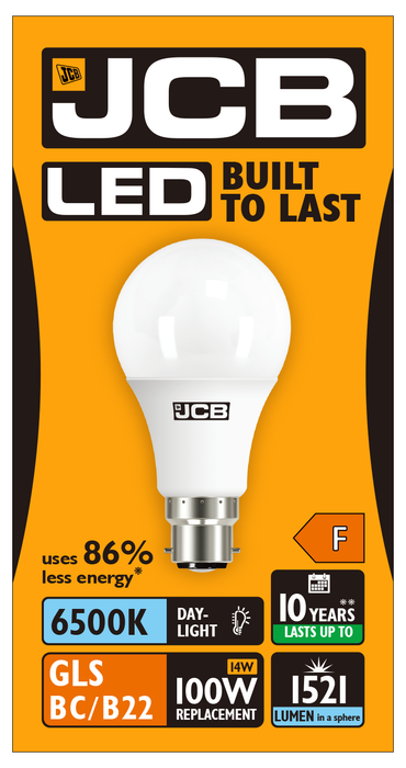 JCB S10997 B22 BC GLS LED Bulb Opal 14W 1521lm Daylight 6500K (12 Pack) - westbasedirect.com