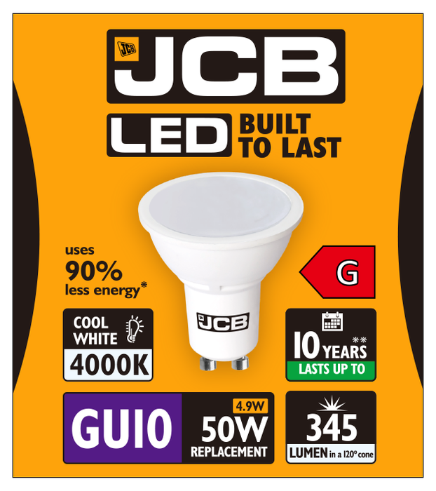 JCB S12499 GU10 Spot LED Bulb 4.9W 345lm Cool White 4000K - westbasedirect.com